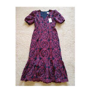 NWT! Adelyn Rae Eyelet Embroidered Puff Short Sleeve V-Neck Midi Dress Sz S